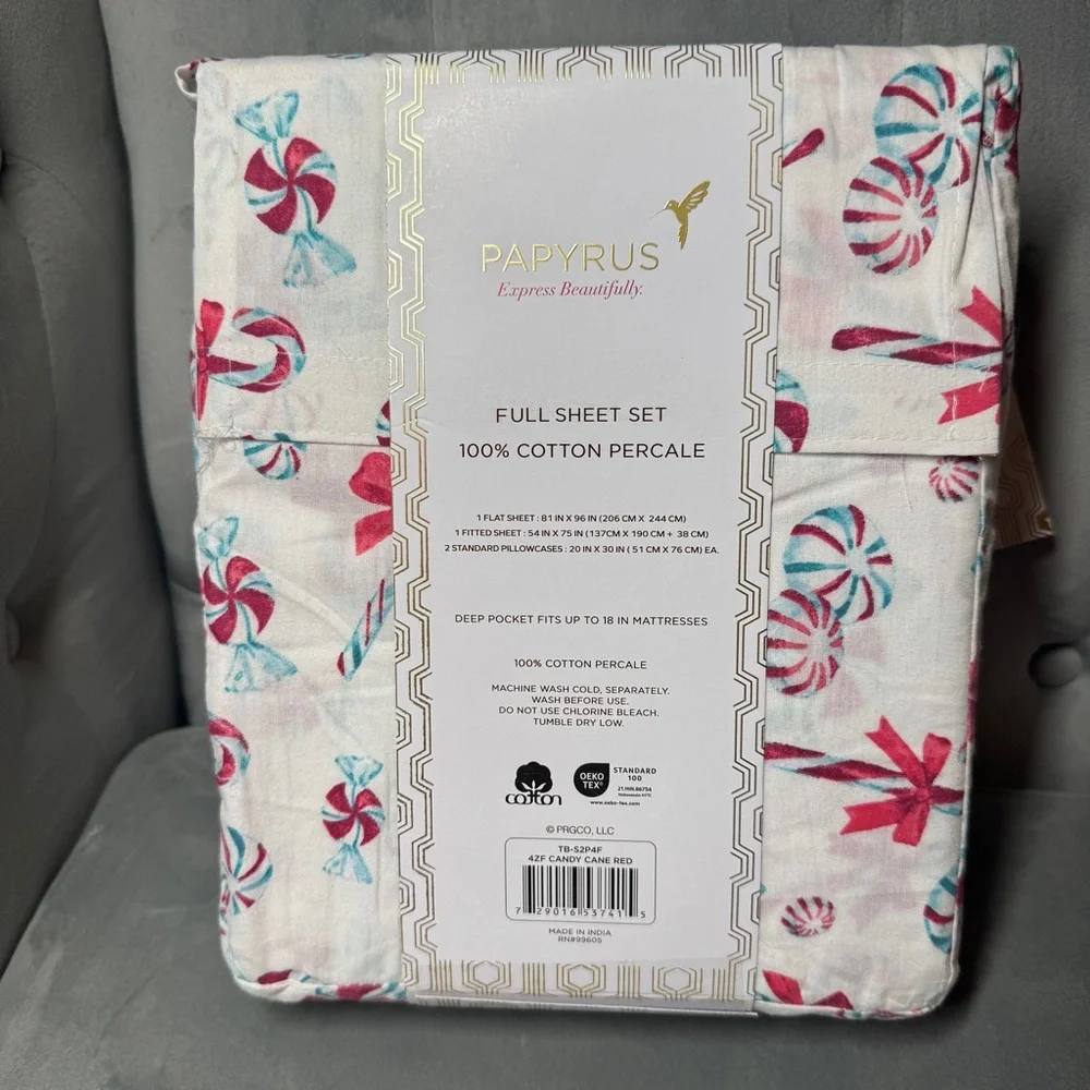 Papyrus Christmas Candy Cane Sheets peppermint Christmas‎ NWT Full set percale